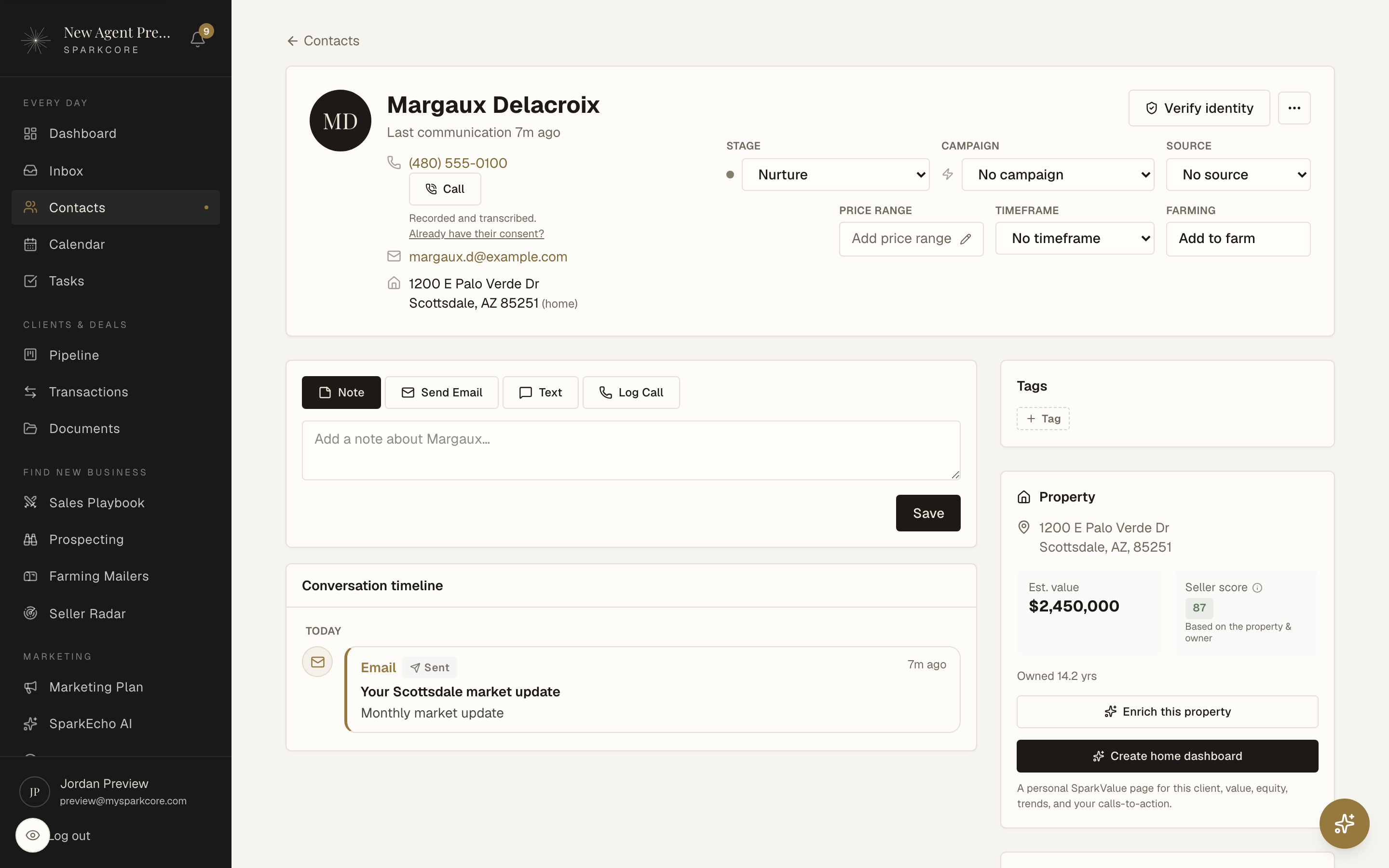 A contact record with property intelligence and timeline