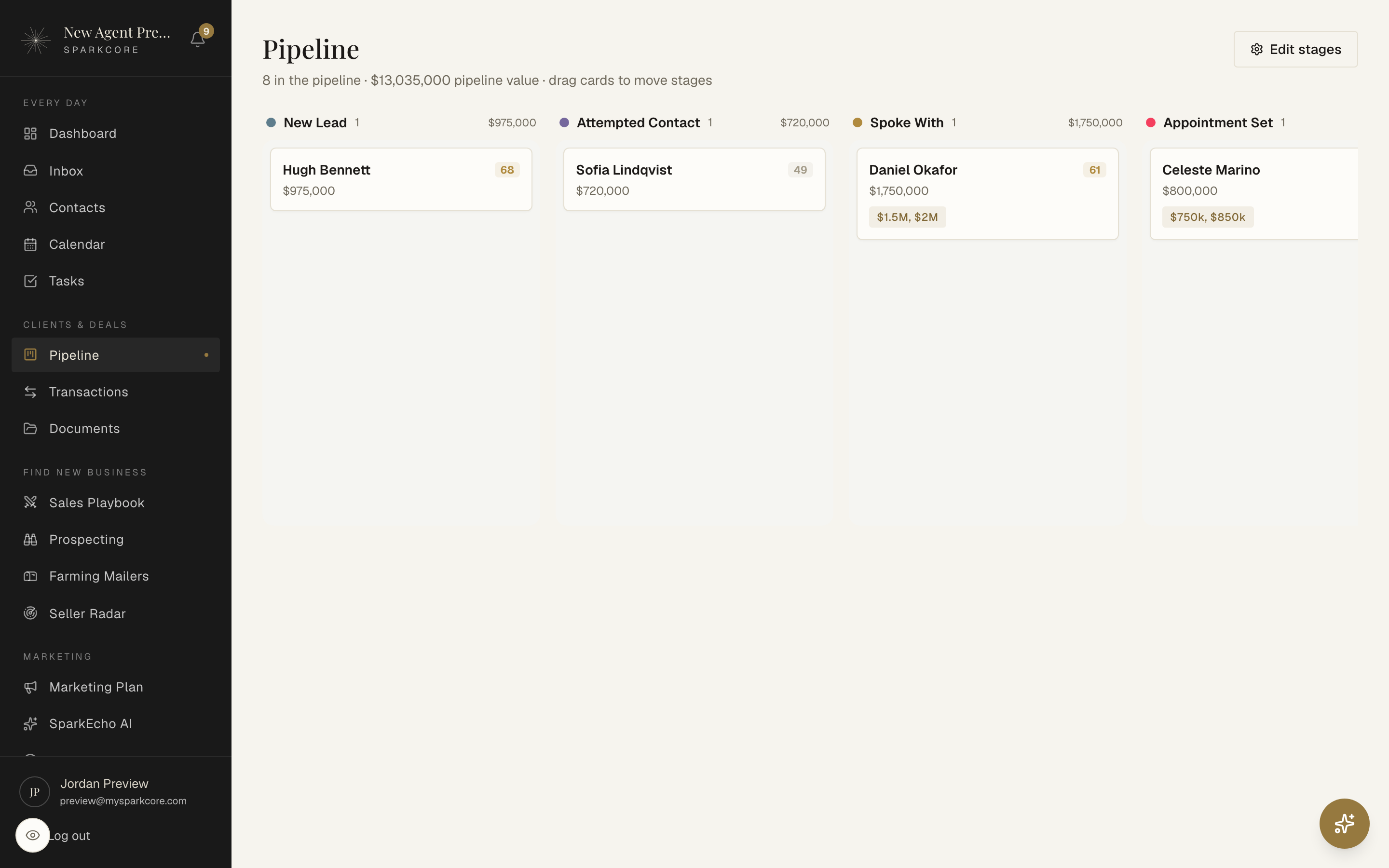 The drag-and-drop pipeline board with valued columns