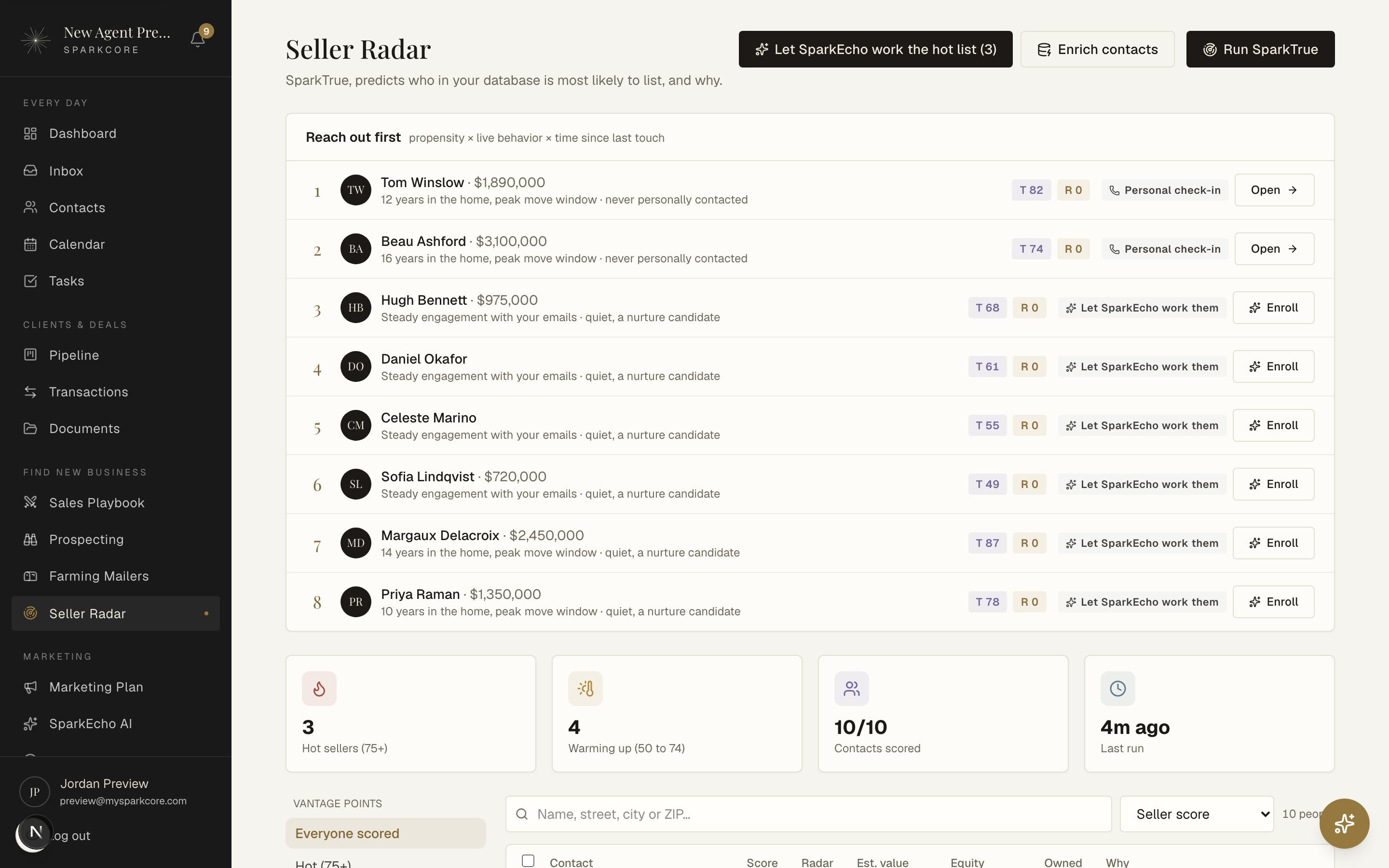 Seller Radar ranking the database by likelihood to list